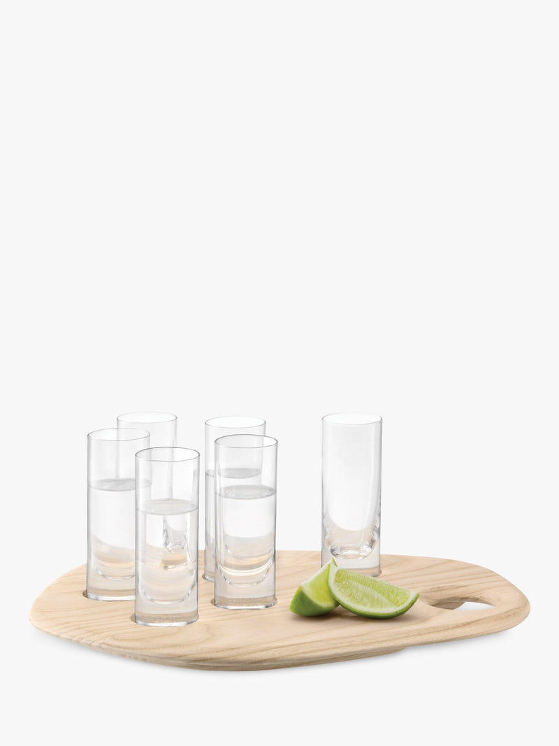 LSA International shot glasses on ash wood board, imported from the UK