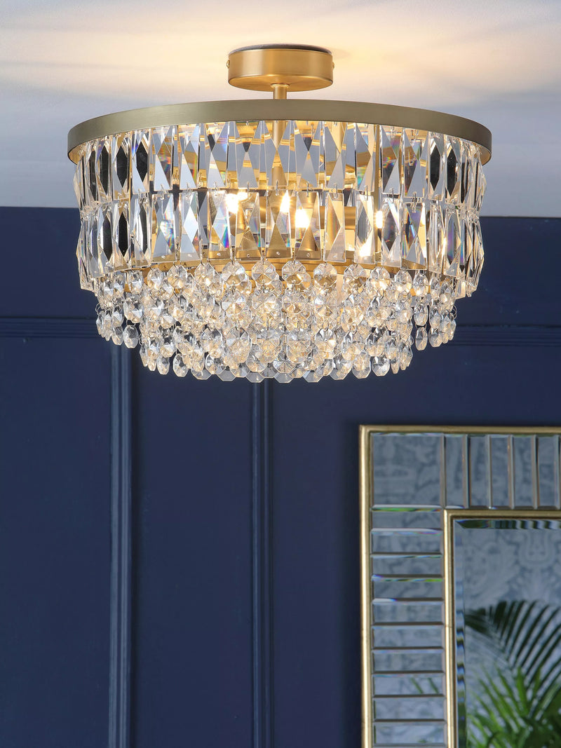 Laura Ashley Rhosill semi flush ceiling light in antique brass finish, UK version