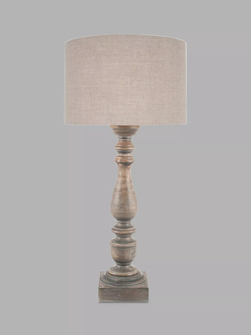 Pacific Ailia mango wood table lamp with grey wash finish and linen shade (British brand)