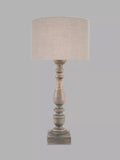 Pacific Ailia mango wood table lamp with grey wash finish and linen shade (British brand)