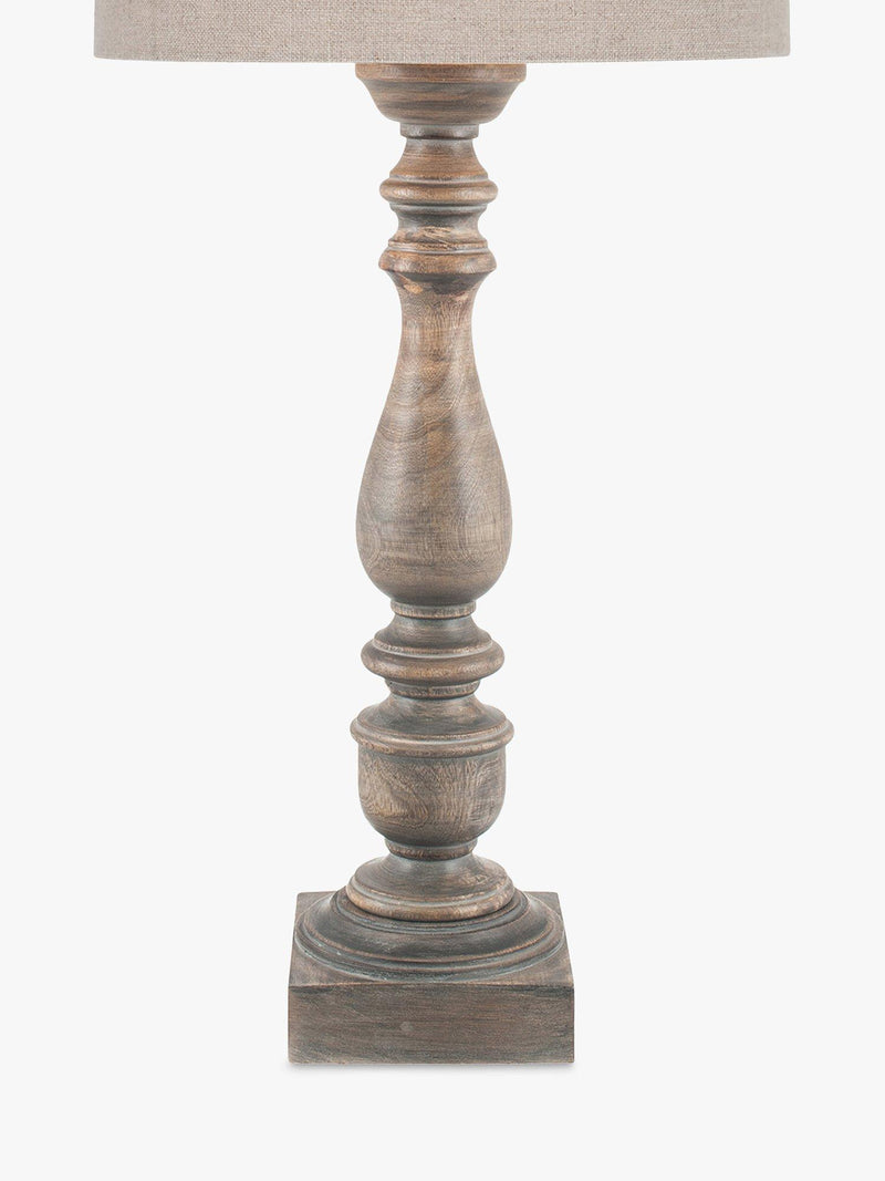 Pacific Ailia mango wood table lamp with grey wash finish and linen shade (British brand)