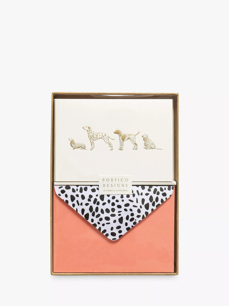 Portico dogs theme gold embossed blank note cards pack of 10, imported from the UK