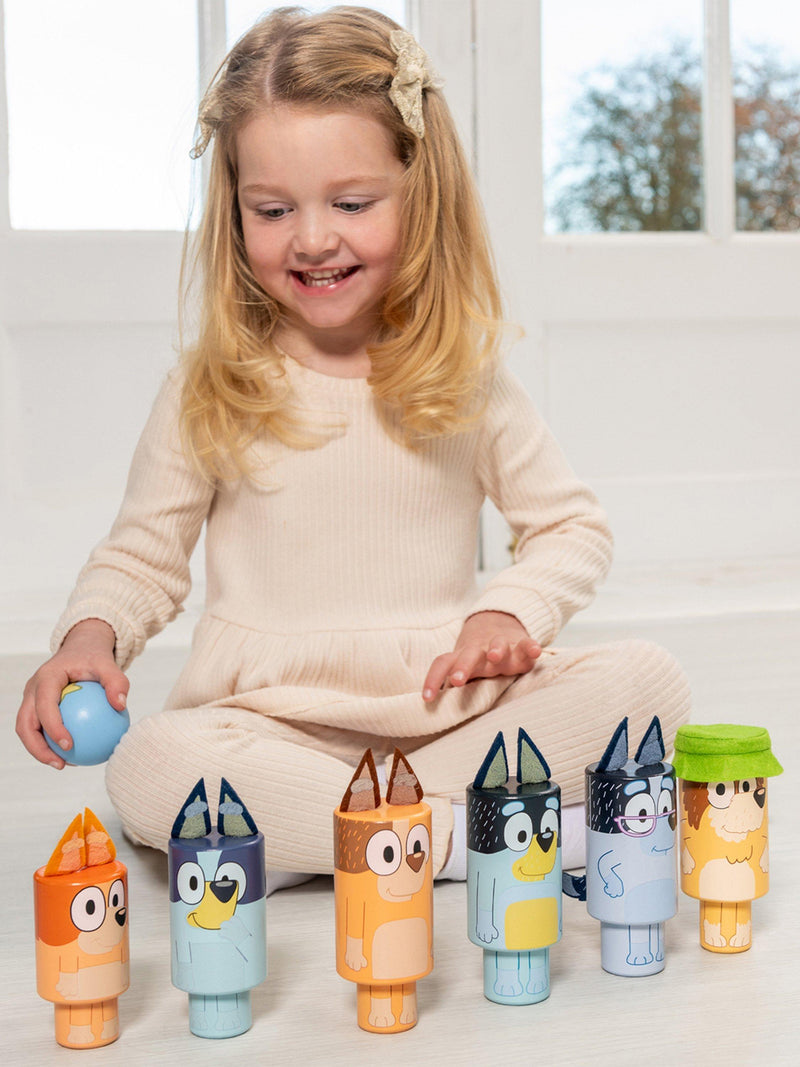 Bluey wooden character skittle set, imported from the UK