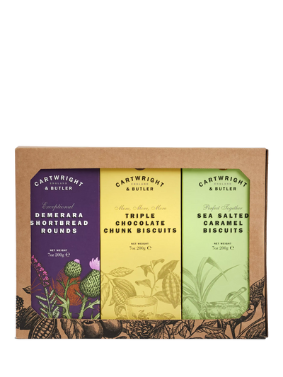 John Lewis Assorted Biscuit Trio with Demerara Shortbread, Triple Chocolate Chunk, and Sea Salted Caramel, 600g- Buy online at McGrocer