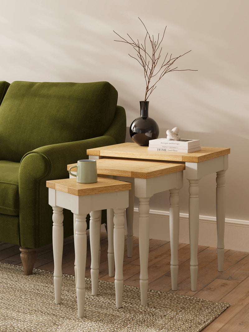 John Lewis Foxmoor nest of 3 tables acacia oak veneer, imported from the UK