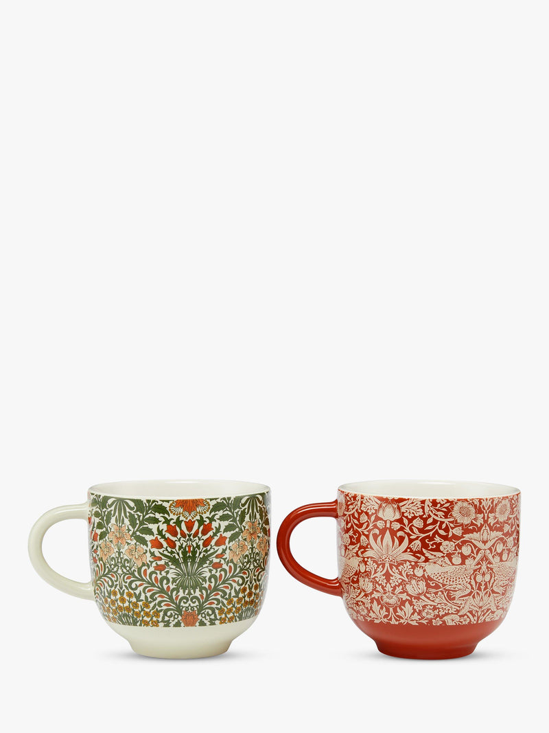 William Morris fine china mugs with Strawberry Thief and Garden designs, set of two 250ml (British brand)