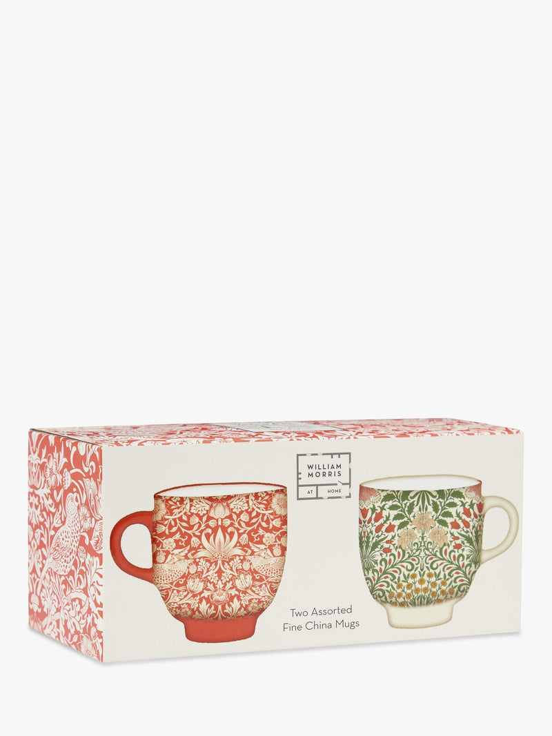 William Morris fine china mugs with Strawberry Thief and Garden designs, set of two 250ml (British brand)
