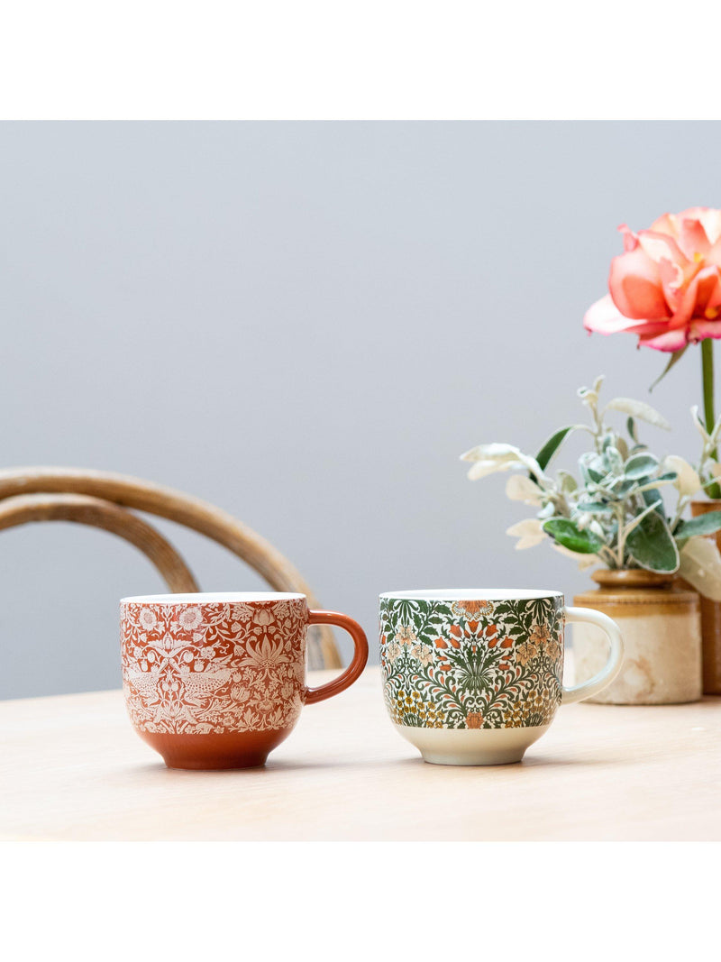 William Morris fine china mugs with Strawberry Thief and Garden designs, set of two 250ml (British brand)