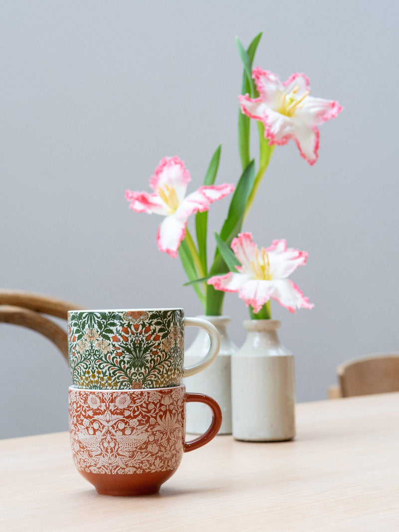 William Morris fine china mugs with Strawberry Thief and Garden designs, set of two 250ml (British brand)