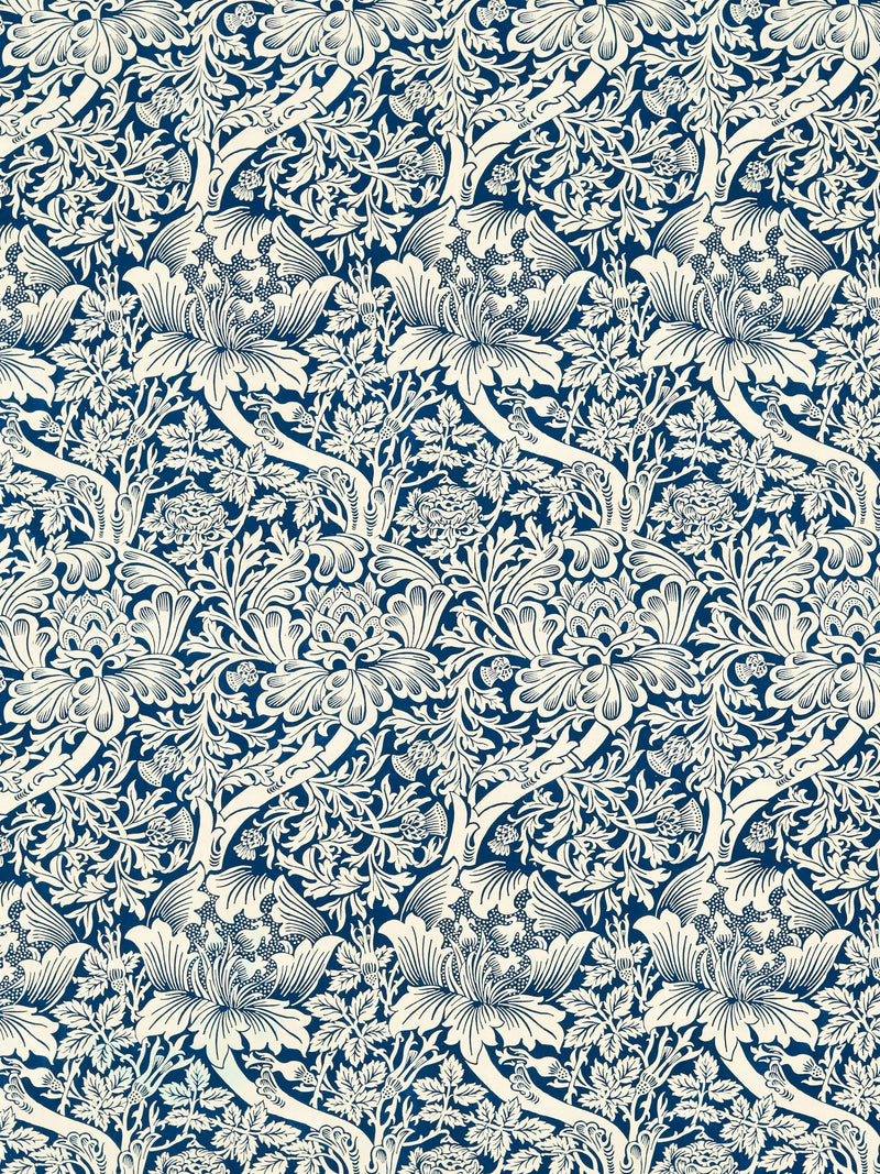 Morris & Co. Rose & Thistle Indigo furnishing fabric, imported from the UK