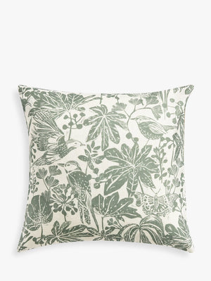Printed Linen Blend Cushion with Japonica Leaves and Garden Birds