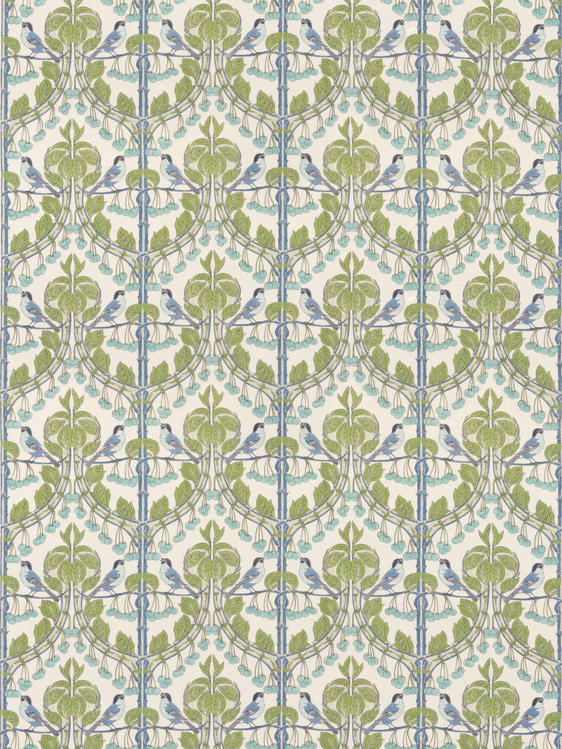 GP & J Baker Birds Cherries furnishing fabric Blue/Green - British product