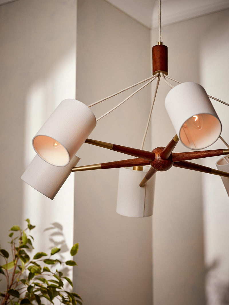 John Lewis Spindle 6 arm ceiling light walnut antique brass, UK version