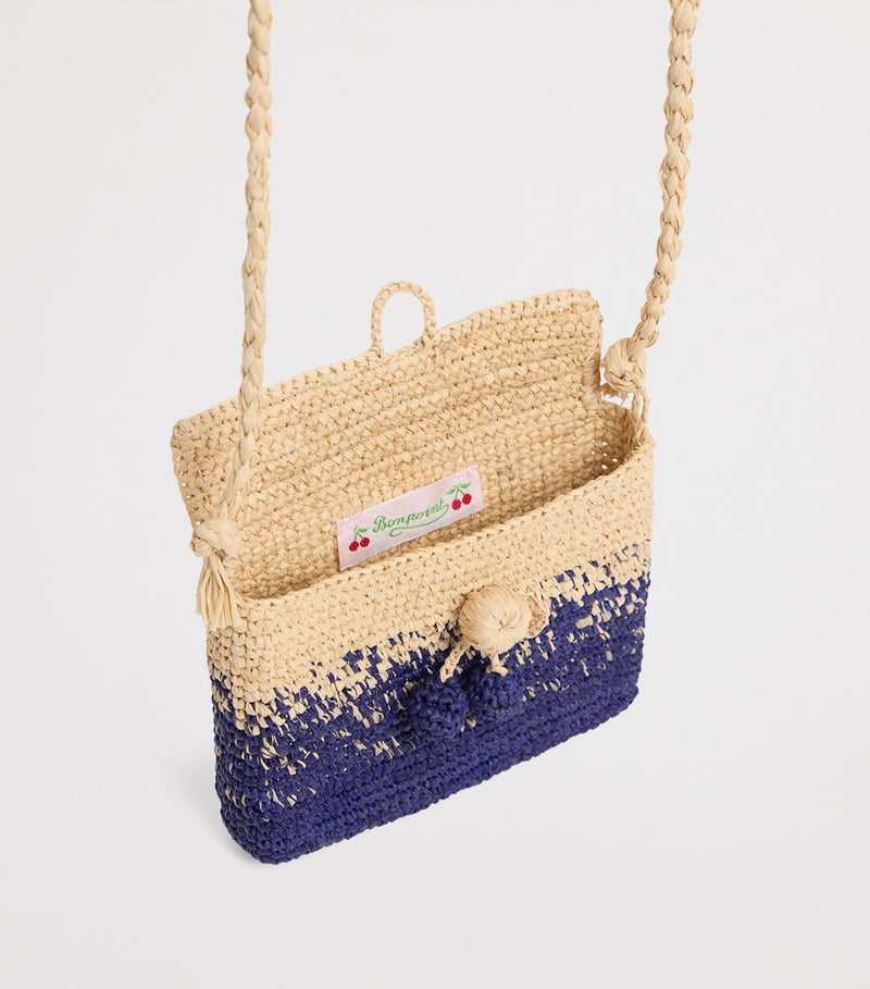 Bonpoint raffia cross-body bag with blueberry tassels (British brand)