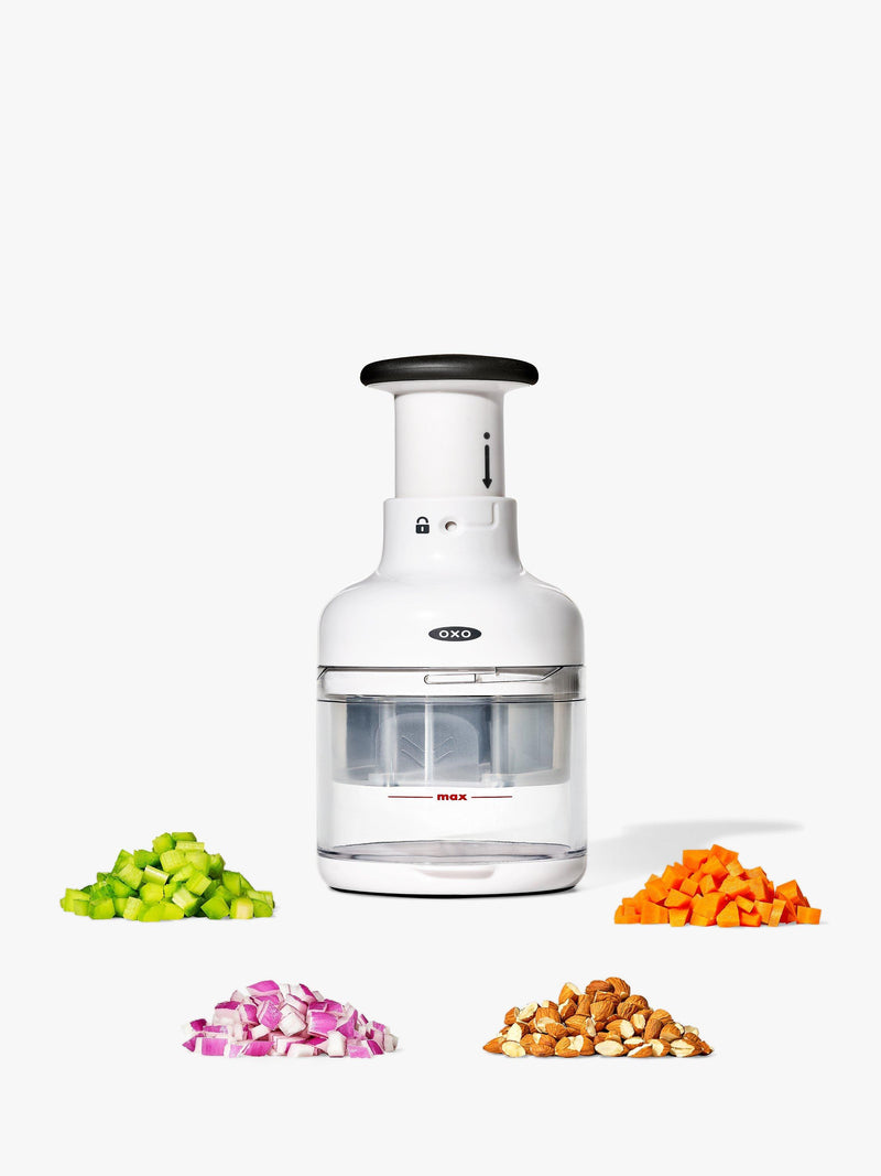 OXO kitchen chopper with stainless steel blade and measuring cup, imported from the UK