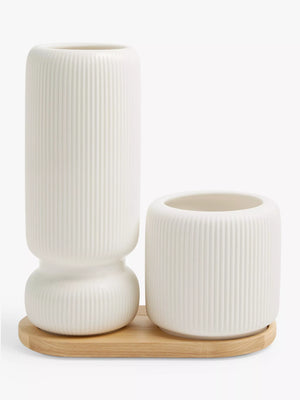 Ribbed Bone China Vase Set with Wooden Board