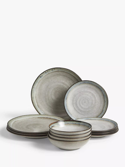 John Lewis John Lewis Swirl Contrast Rim Stoneware Dinnerware Set, 12 Piece, Off White- Buy online at McGrocer