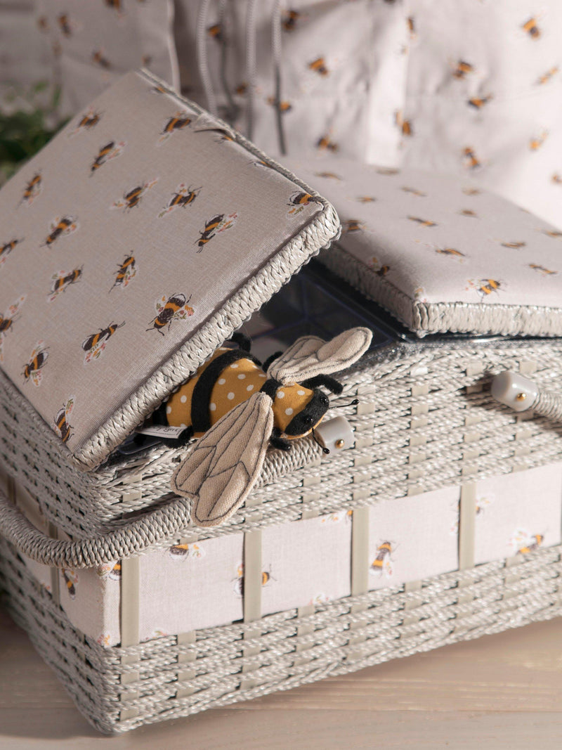 Milward twin lid sewing basket with bee print and removable trays (British brand)