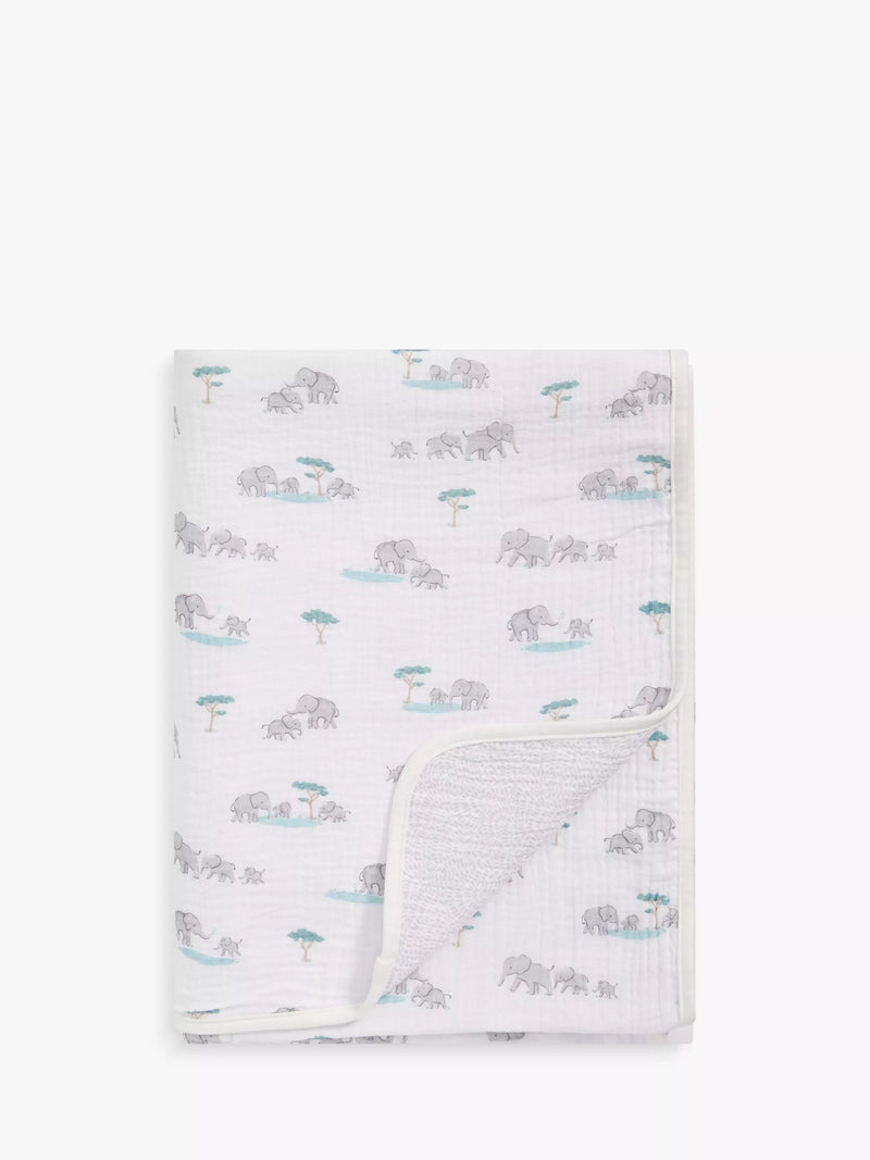 John Lewis reversible muslin swaddle blanket with elephant print, 120 x 120cm, UK version