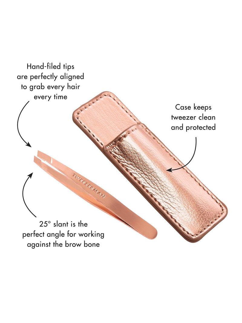 Tweezerman rose gold mini slant tweezers, imported from the UK