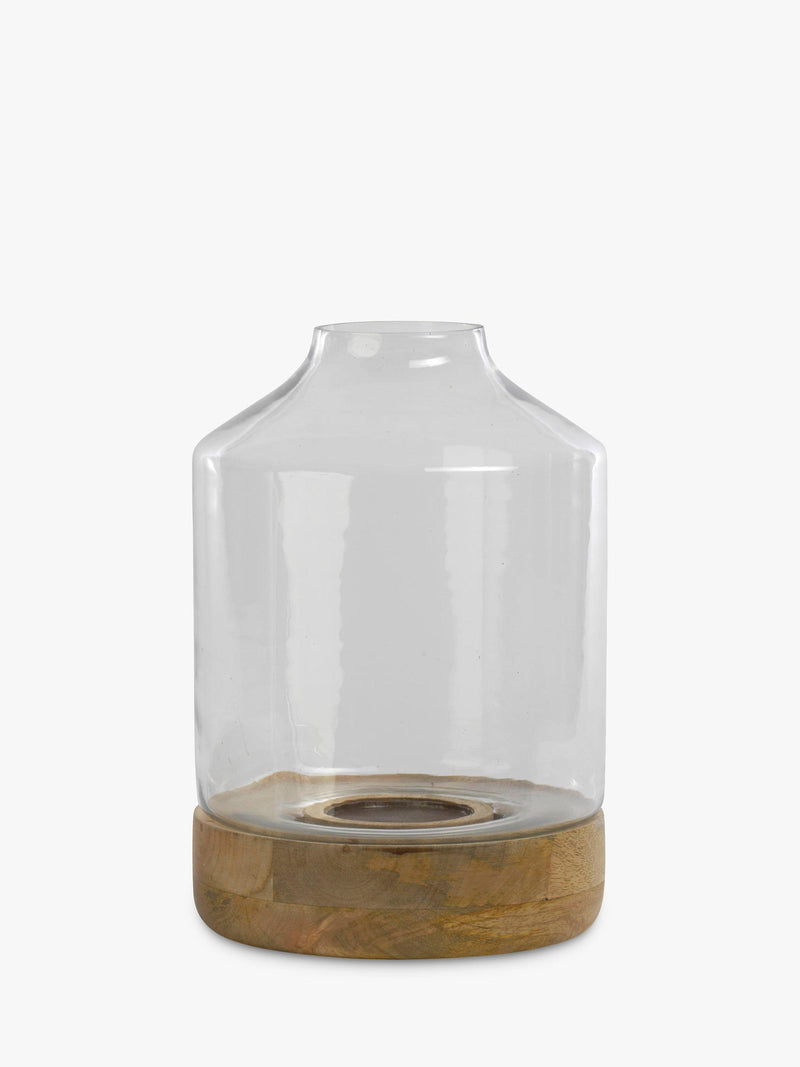 nkuku small Idha mango wood tapered hurricane lantern candle holder, UK version