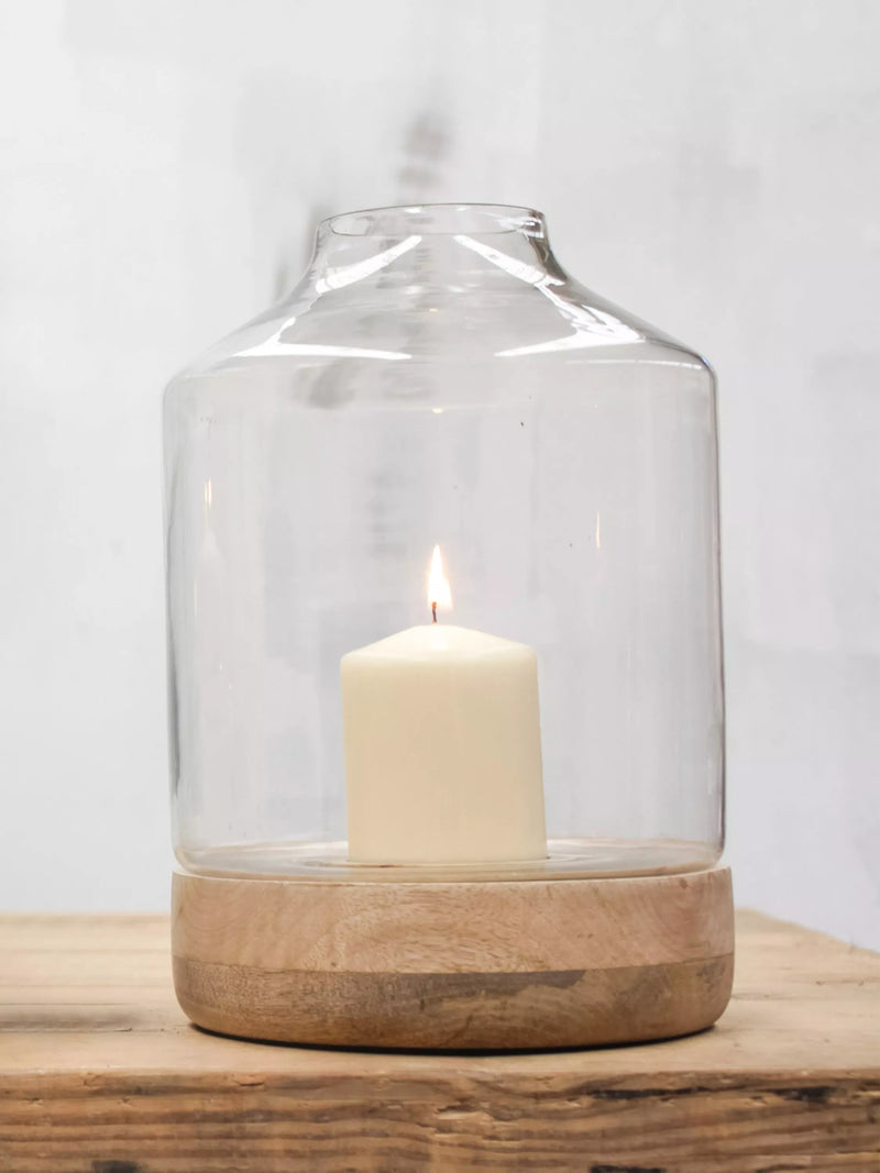 nkuku small Idha mango wood tapered hurricane lantern candle holder, UK version