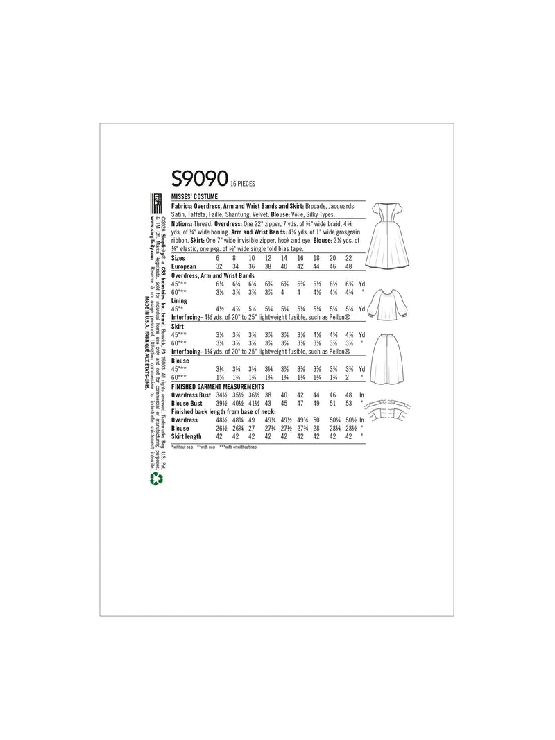 Simplicity sewing pattern S9090 Renaissance costume dress, UK version