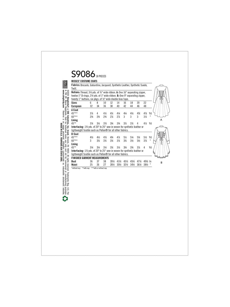 Simplicity sewing pattern for costume coat S9086 (British brand)