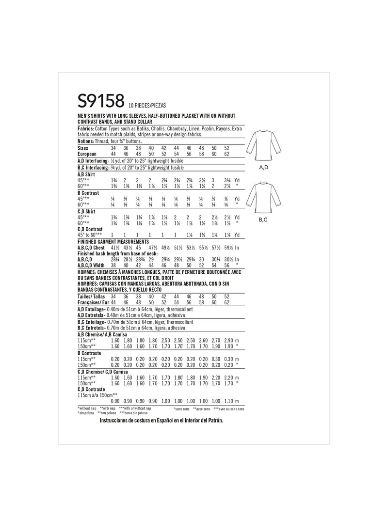 Simplicity men's shirts sewing pattern S9158 - British product