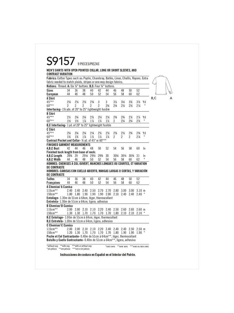 Simplicity men's shirts sewing pattern S9157, imported from the UK