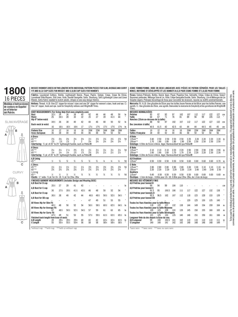 Simplicity sewing pattern 1800, UK version
