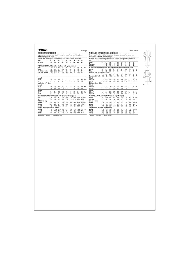 Simplicity sewing pattern for dolman sleeve dresses S9640, imported from the UK