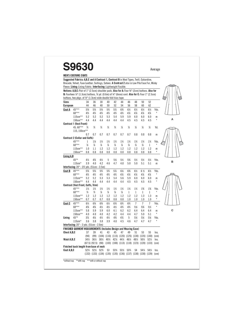 Simplicity sewing pattern men's fit and flare coat S9630, UK version