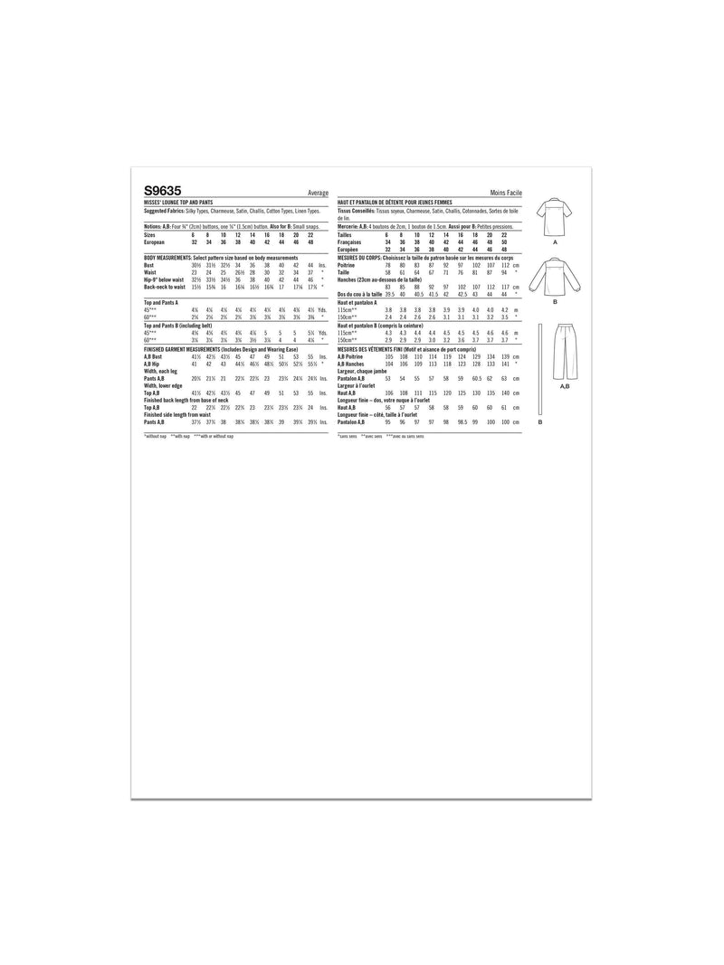 Simplicity sewing pattern vintage loungewear tops and trousers S9635 (British brand)