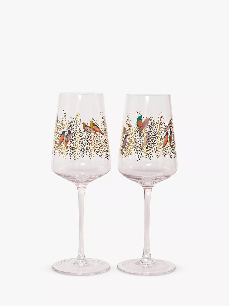 Sara Miller Birds wine glasses Clear/Multi set of two 440ml (British brand)
