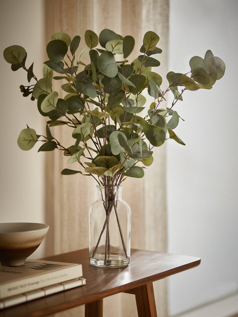 John Lewis artificial eucalyptus in glass vase, imported from the UK