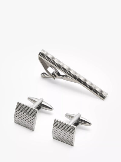 John Lewis John Lewis Textured Square Cufflinks & Tie Bar Gift Set, Gunmetal- Buy online at McGrocer
