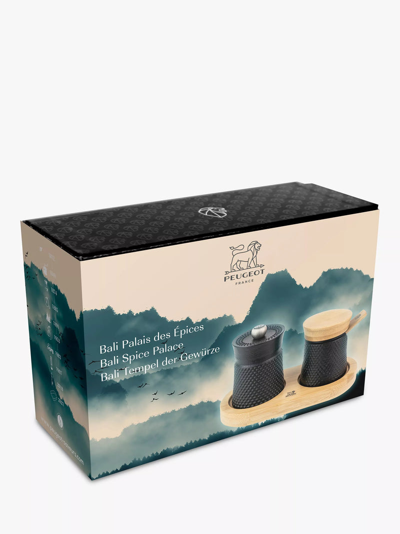 Peugeot Bali Spice Palace cast iron and bamboo pepper and salt mill set in matt black, imported from the UK