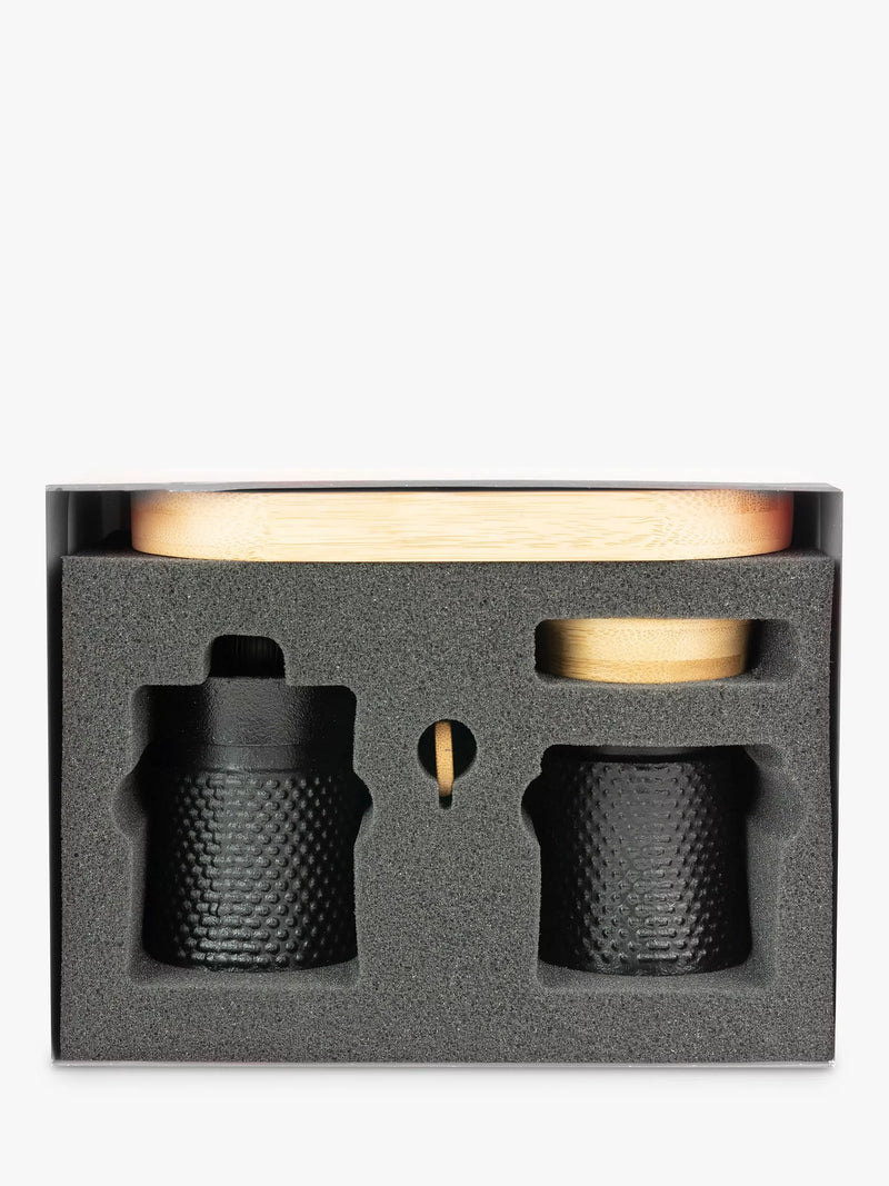 Peugeot Bali Spice Palace cast iron and bamboo pepper and salt mill set in matt black, imported from the UK