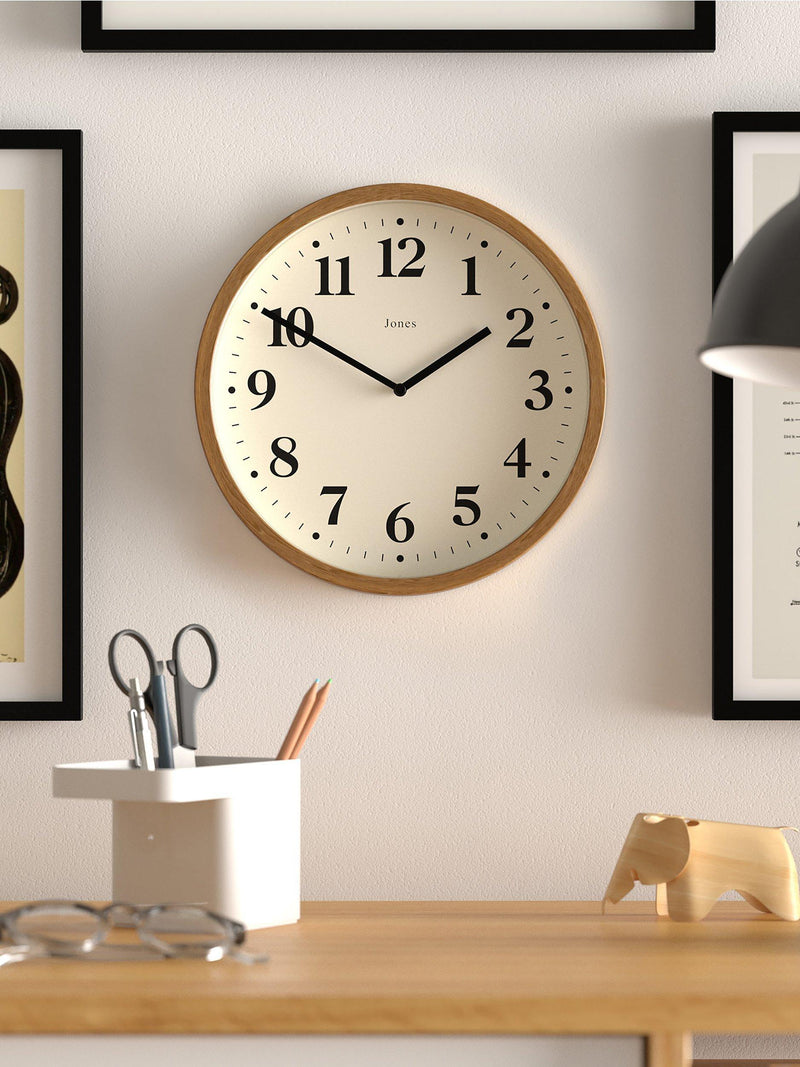 Jones Clocks quartz analogue wall clock in natural, 25cm, UK version