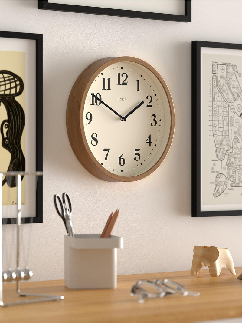 Jones Clocks quartz analogue wall clock in natural, 25cm, UK version