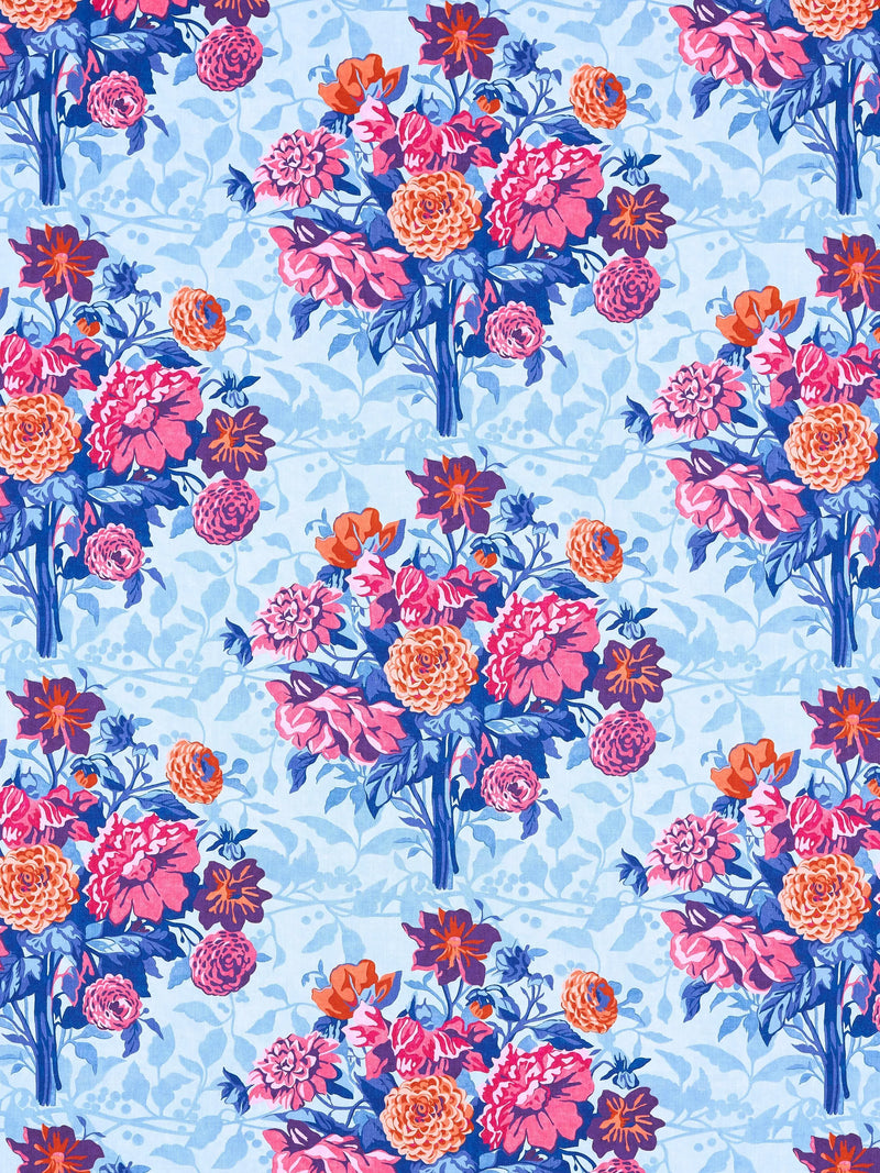 Harlequin Dahlia Bunch furnishing fabric Lapis Carn Spinel 139cm, imported from the UK