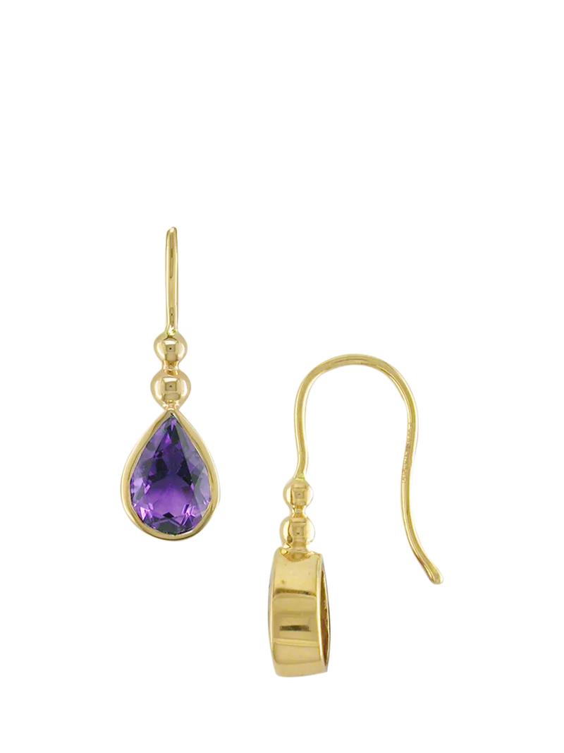 E.W Adams 9ct gold amethyst pear drop earrings - British product