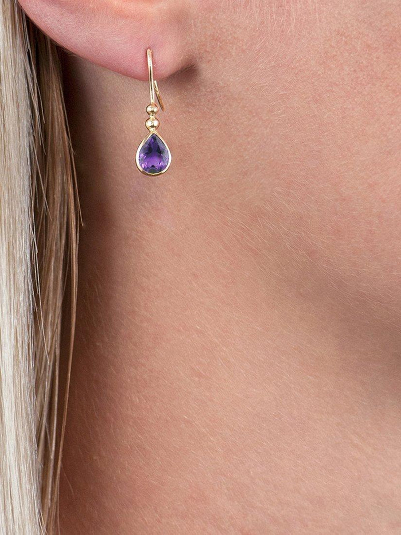 E.W Adams 9ct gold amethyst pear drop earrings - British product