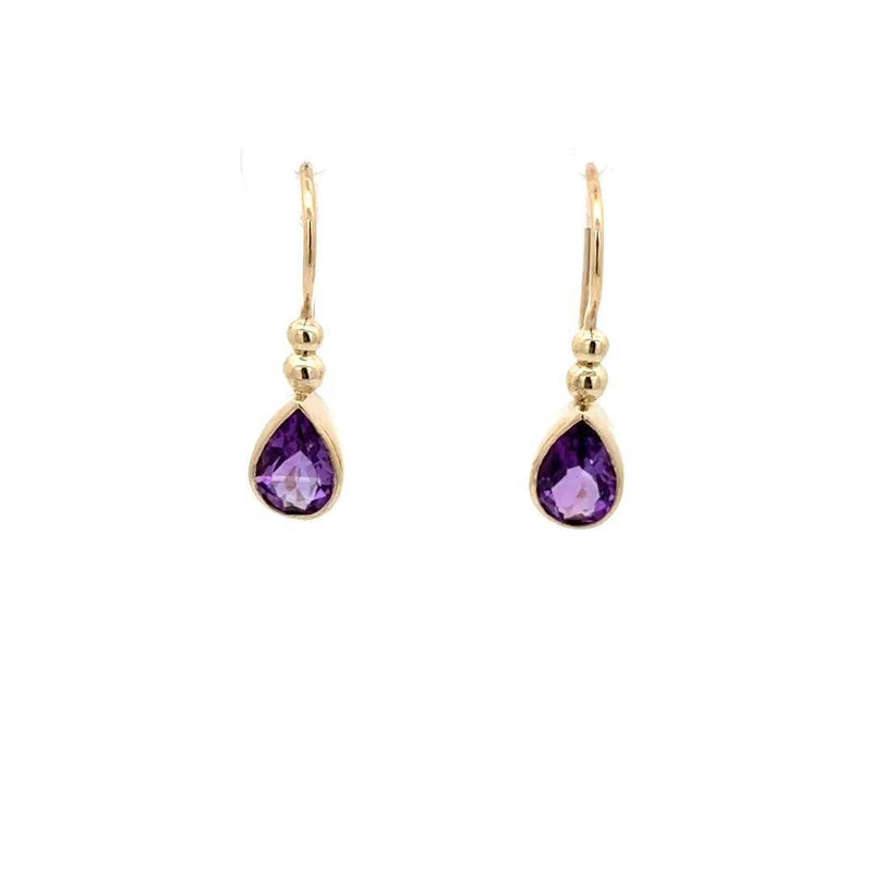 E.W Adams 9ct gold amethyst pear drop earrings - British product