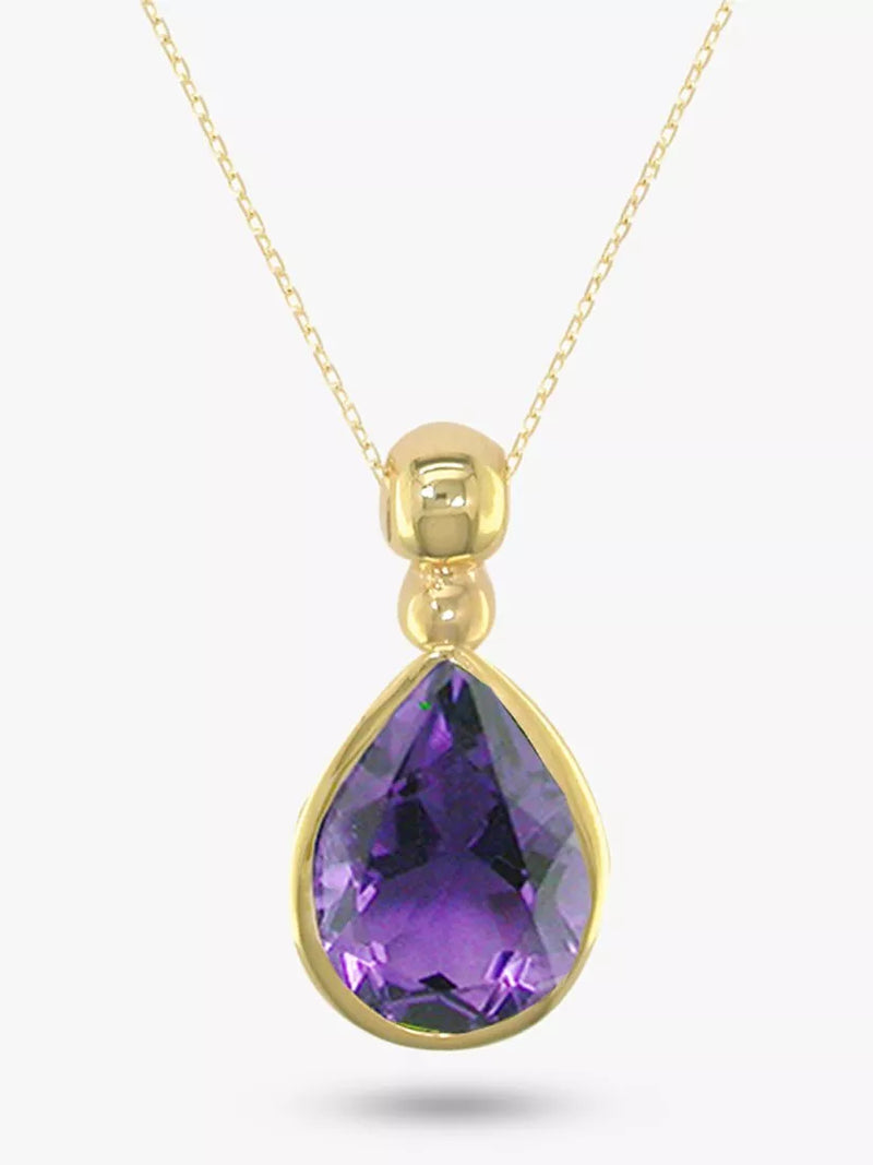E.W Adams 9ct gold pear cut amethyst pendant necklace, imported from the UK