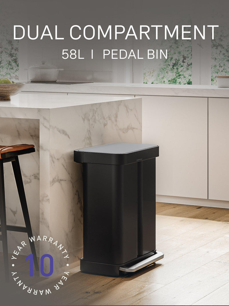 Simplehuman recycling pedal bin matte black steel 58L, imported from the UK