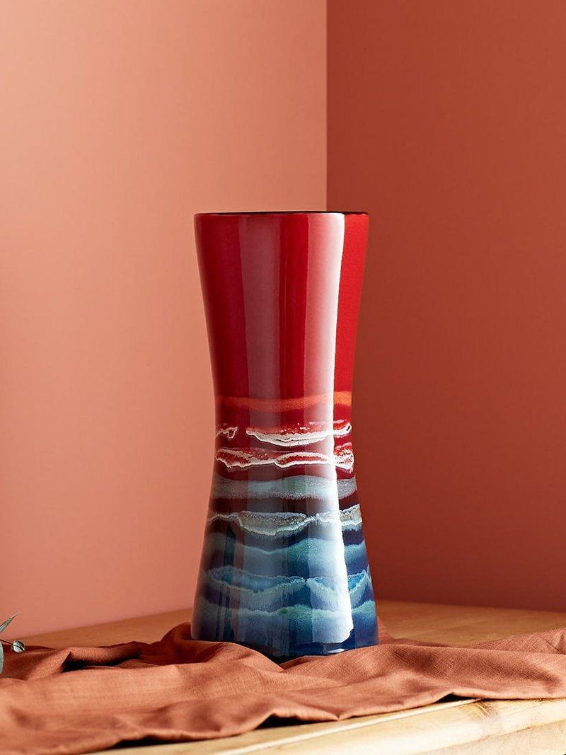 Poole Pottery Horizon hourglass vase in red and multi colours, H34cm, imported from the UK