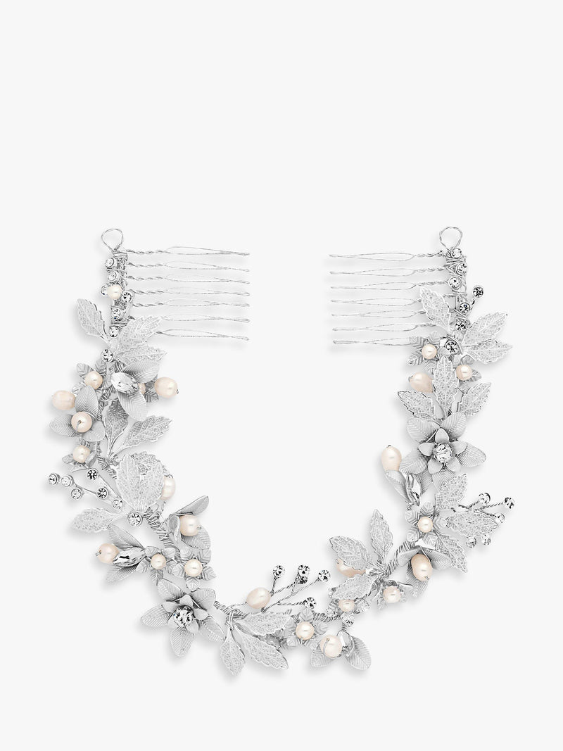 Double Comb Hair Grip with Brushed Leaves, Freshwater Pearls, and Crystals