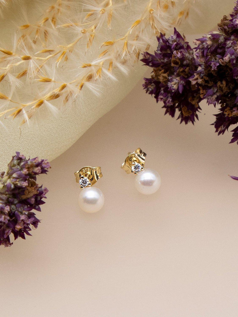 IBB 9ct Gold Pearl and Cubic Zirconia Stud Earrings - British product